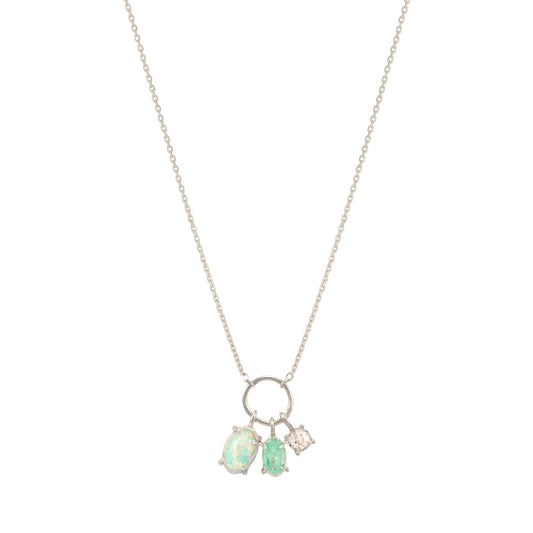 Tiny Opal Stone CZ 3 Charms Dangle Necklace