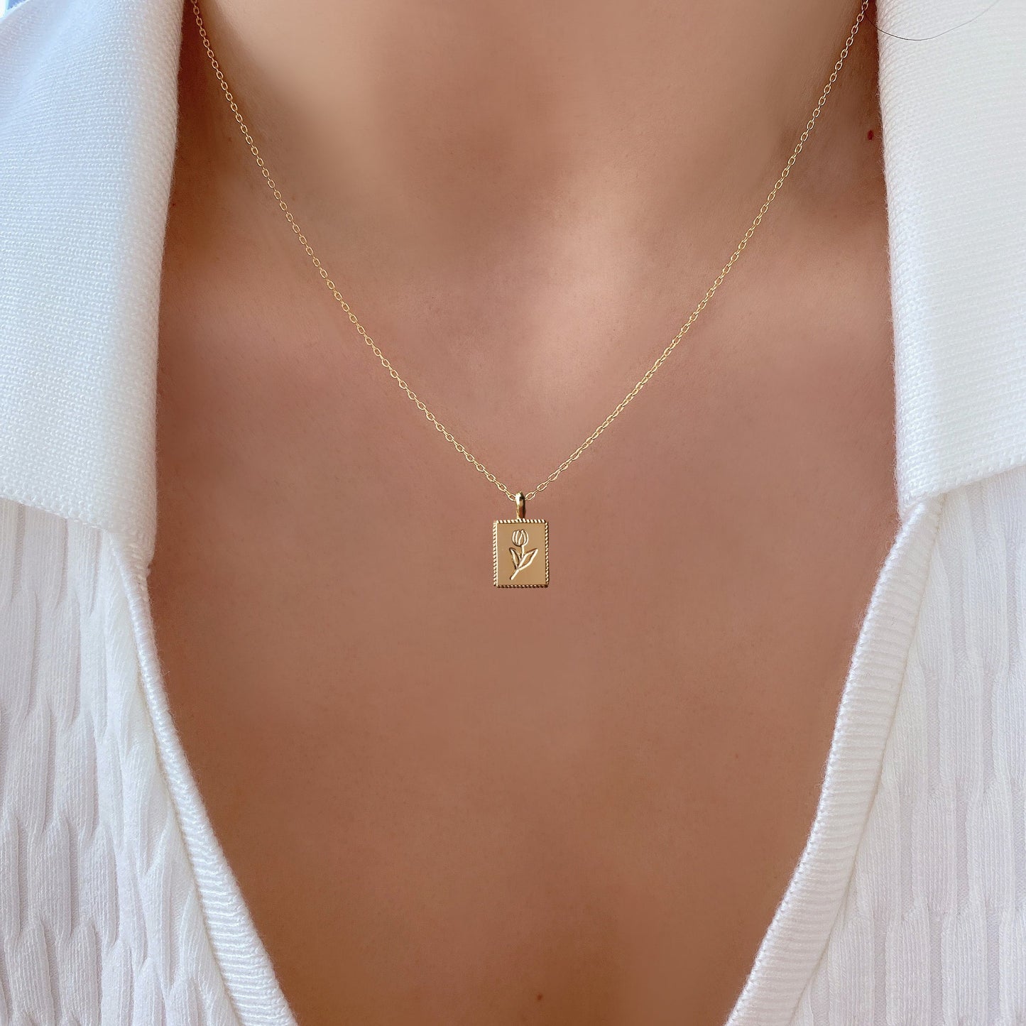 Flower Engraved Square Charm Necklace