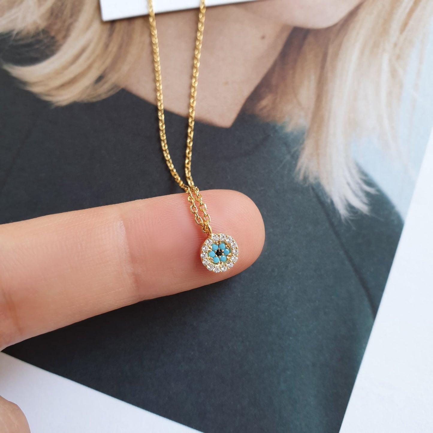 Mini Evil Eye Turquoise CZ Stone Tiny Disc Necklace