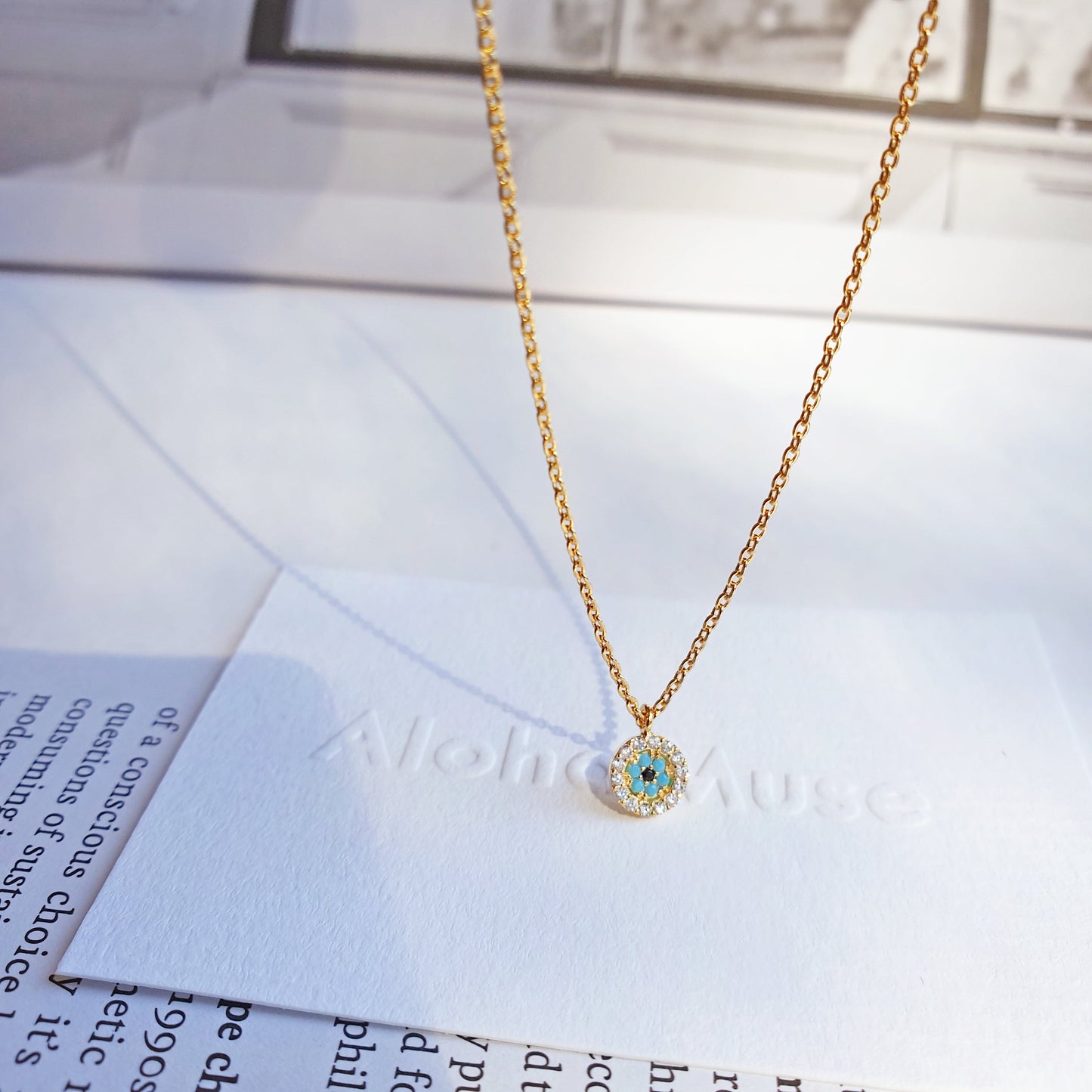 Mini Evil Eye Turquoise CZ Stone Tiny Disc Necklace