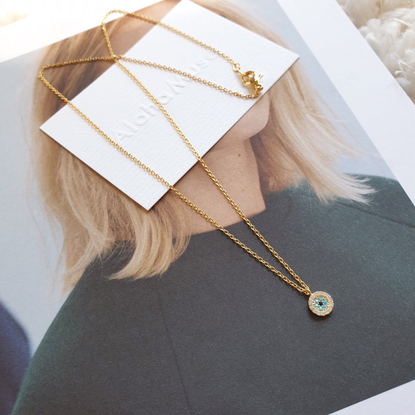 Mini Evil Eye Turquoise CZ Stone Tiny Disc Necklace