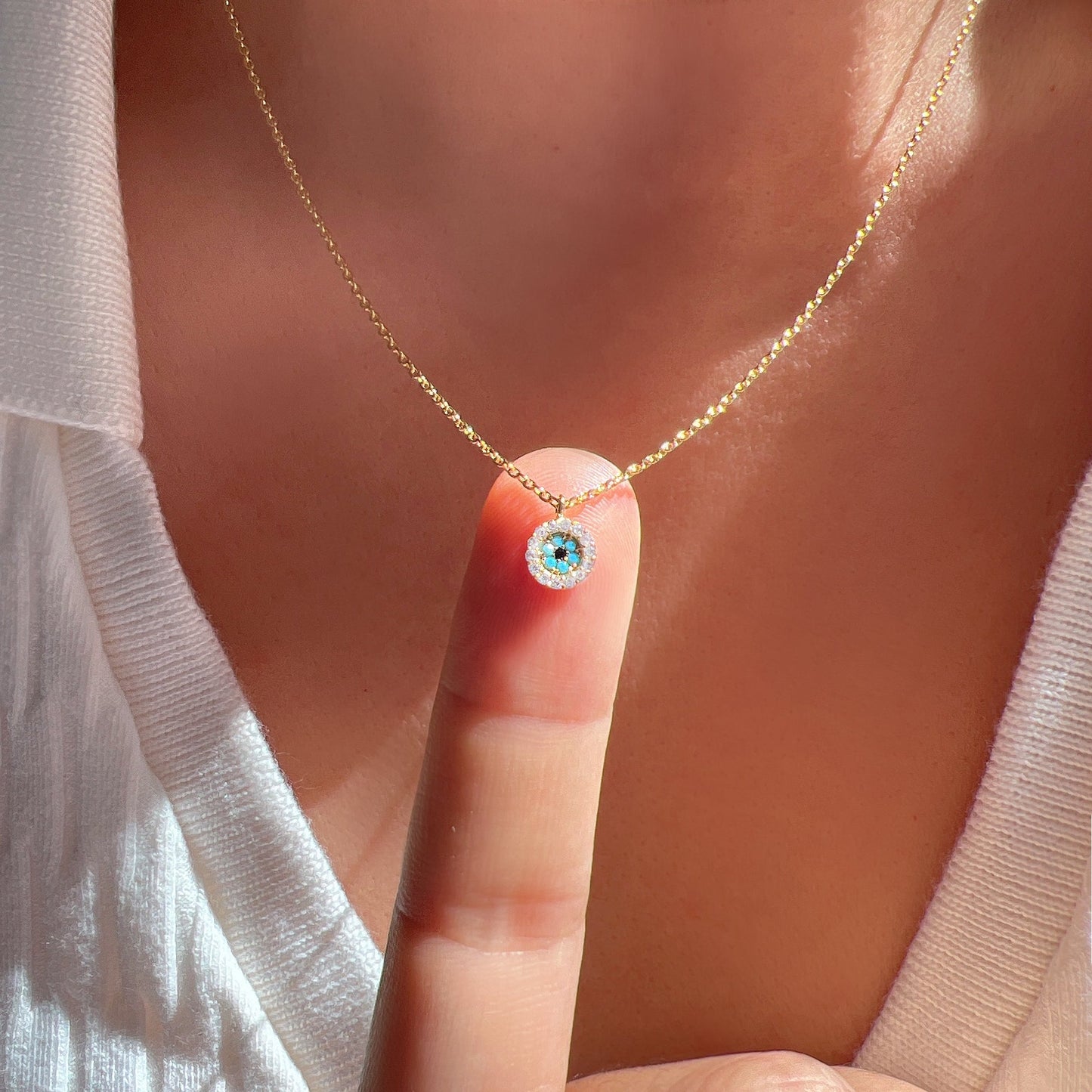 Mini Evil Eye Turquoise CZ Stone Tiny Disc Necklace