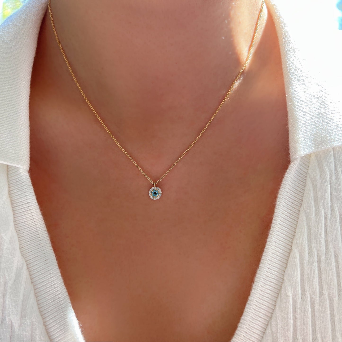 Mini Evil Eye Turquoise CZ Stone Tiny Disc Necklace