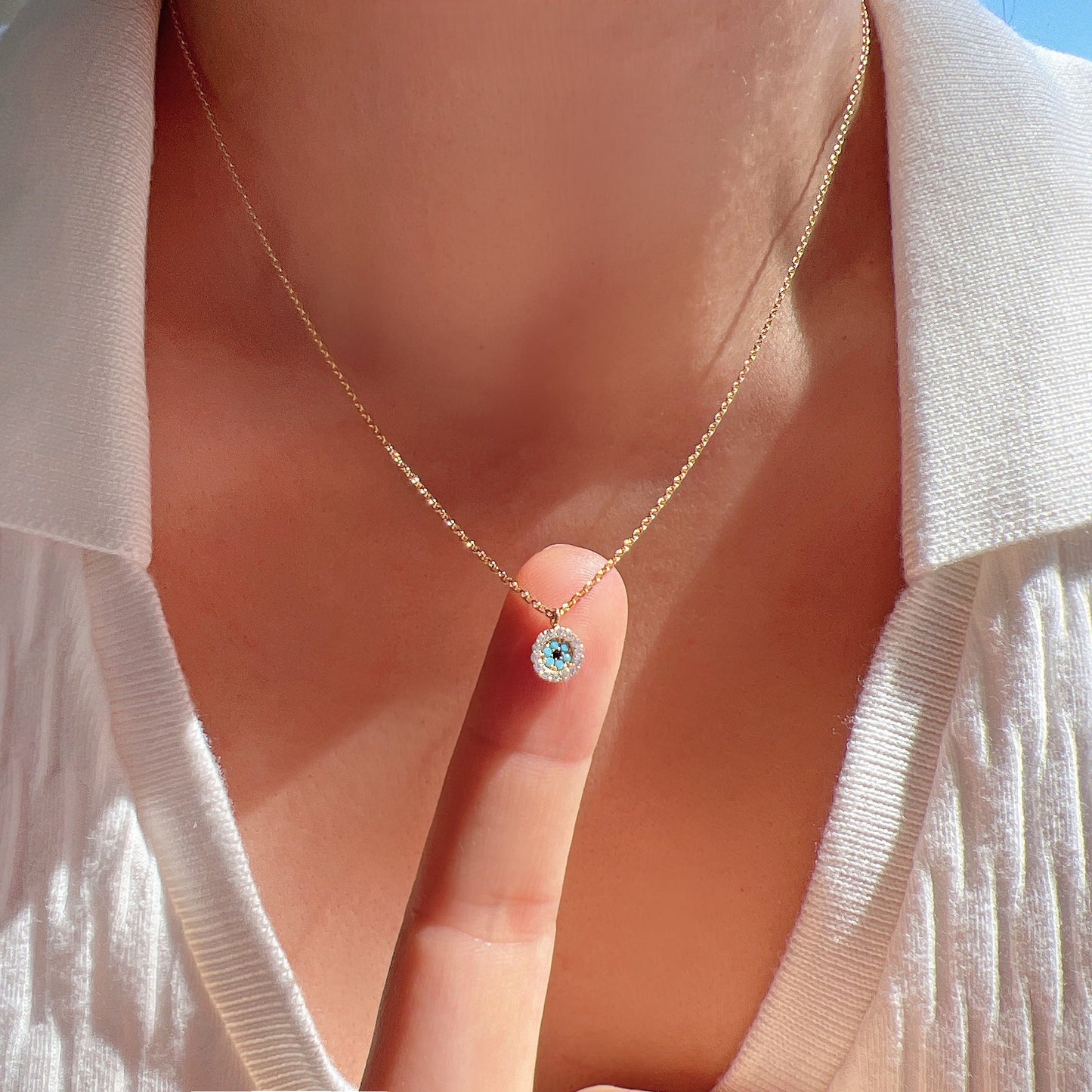 Mini Evil Eye Turquoise CZ Stone Tiny Disc Necklace