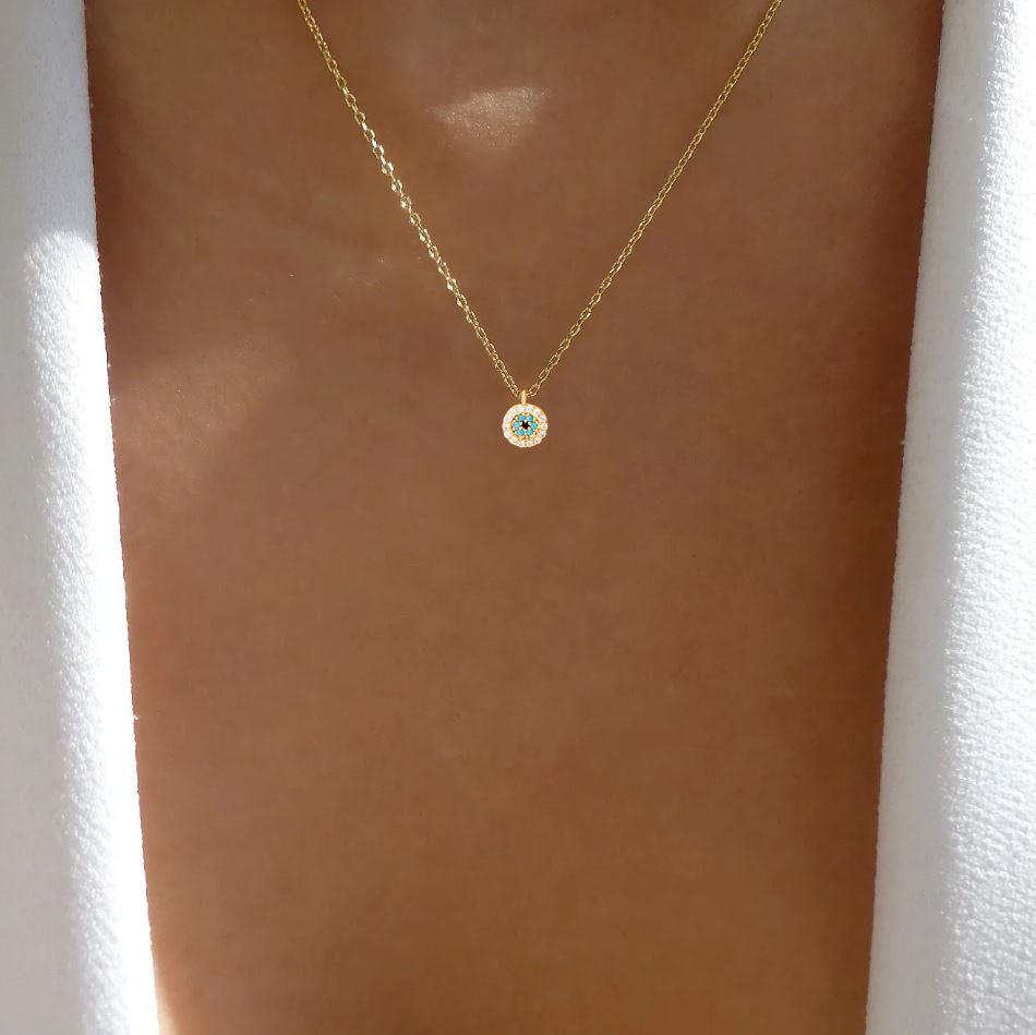Mini Evil Eye Turquoise CZ Stone Tiny Disc Necklace