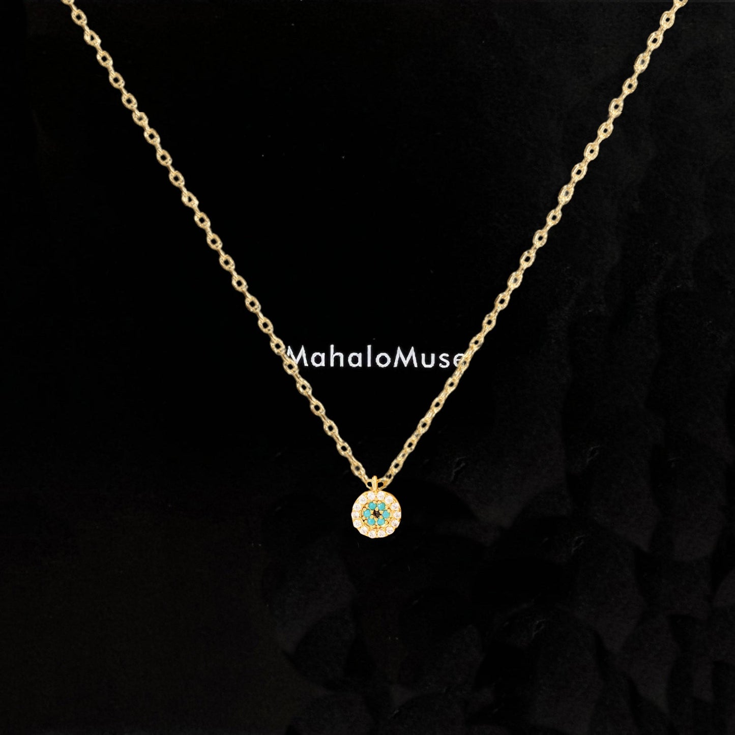 Mini Evil Eye Turquoise CZ Stone Tiny Disc Necklace