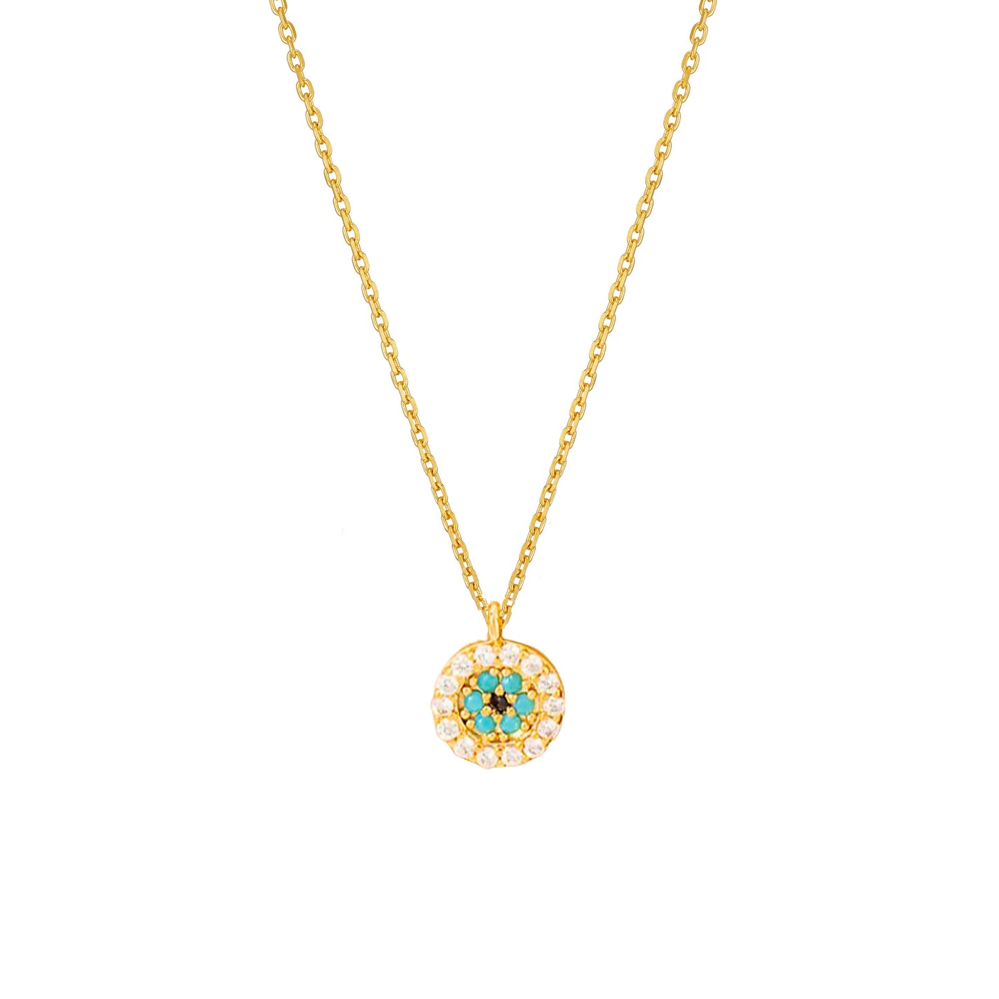 Mini Evil Eye Turquoise CZ Stone Tiny Disc Necklace