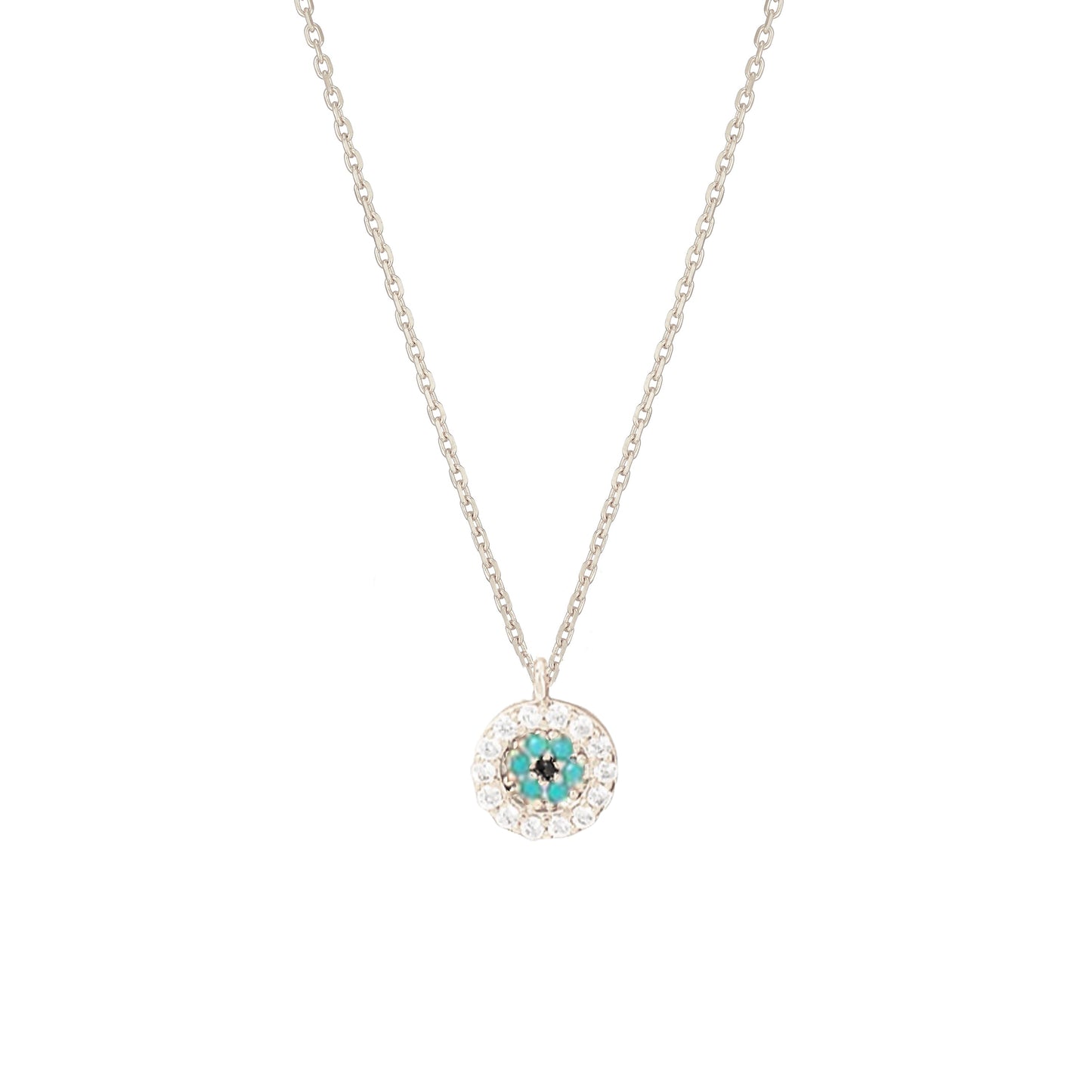 Mini Evil Eye Turquoise CZ Stone Tiny Disc Necklace
