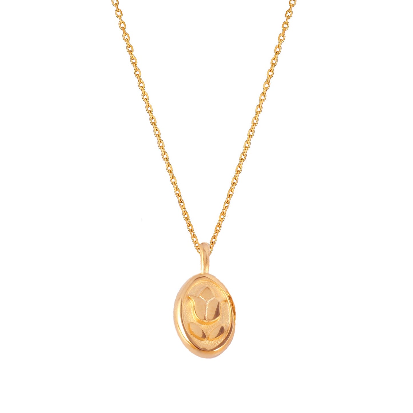 Oval Disc Tulip Flower Pendant Necklace