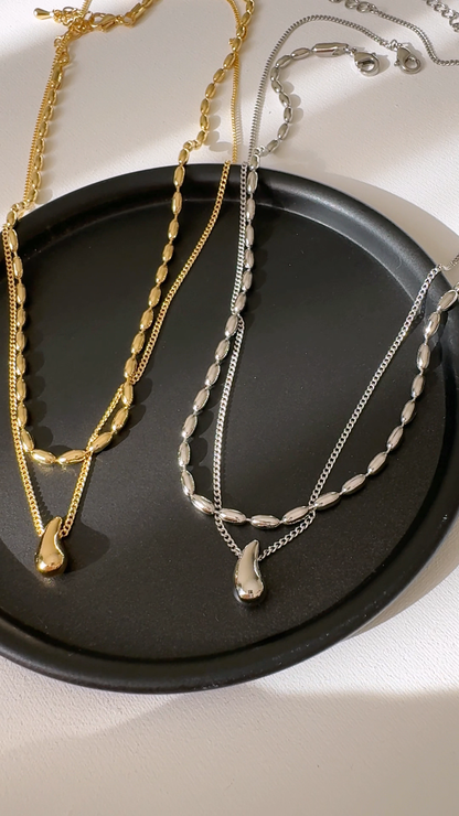 Layered Rice Chain Water drop Necklace
