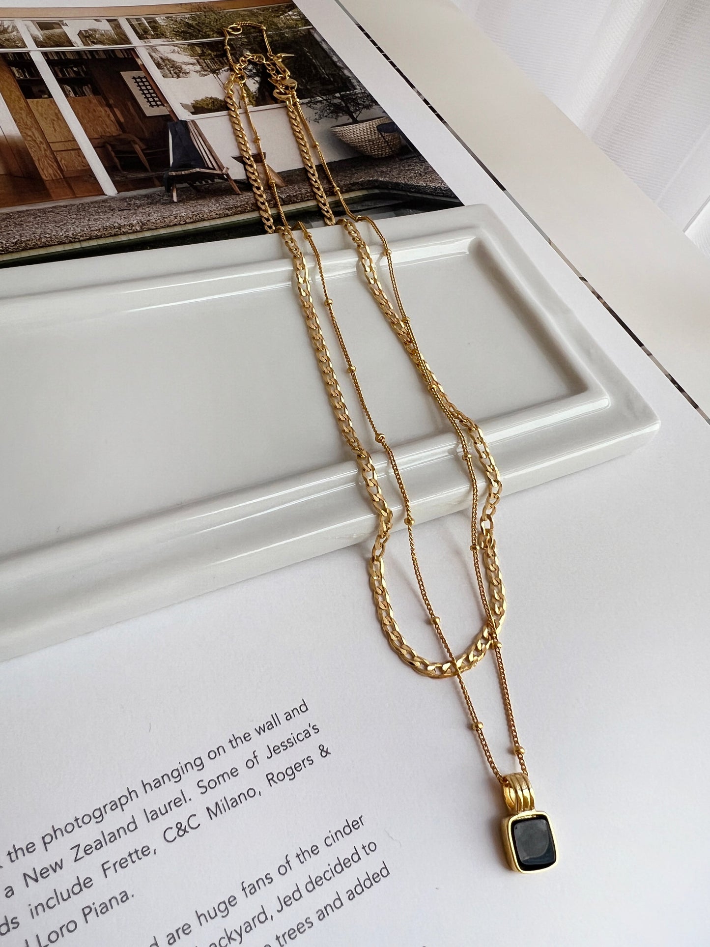 Onyx Black Square Pendant Station Ball Chain Necklace