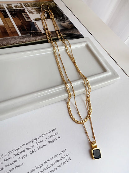 Onyx Black Square Pendant Station Ball Chain Necklace