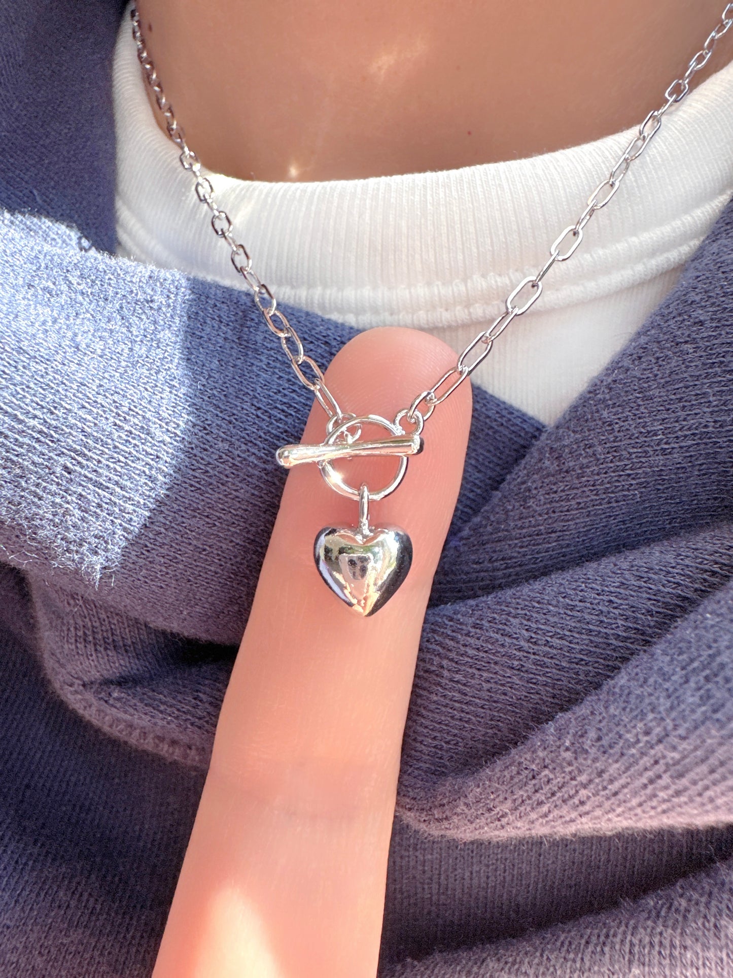 Puff Heart T Bar Toggle Closure Pendant Necklace