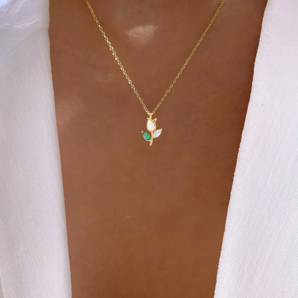 Tulip Opal Stone Green Leaf Necklace