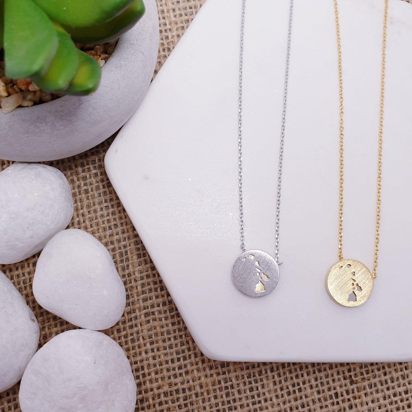 Hawaii Island Map Coin Two Tone Necklace