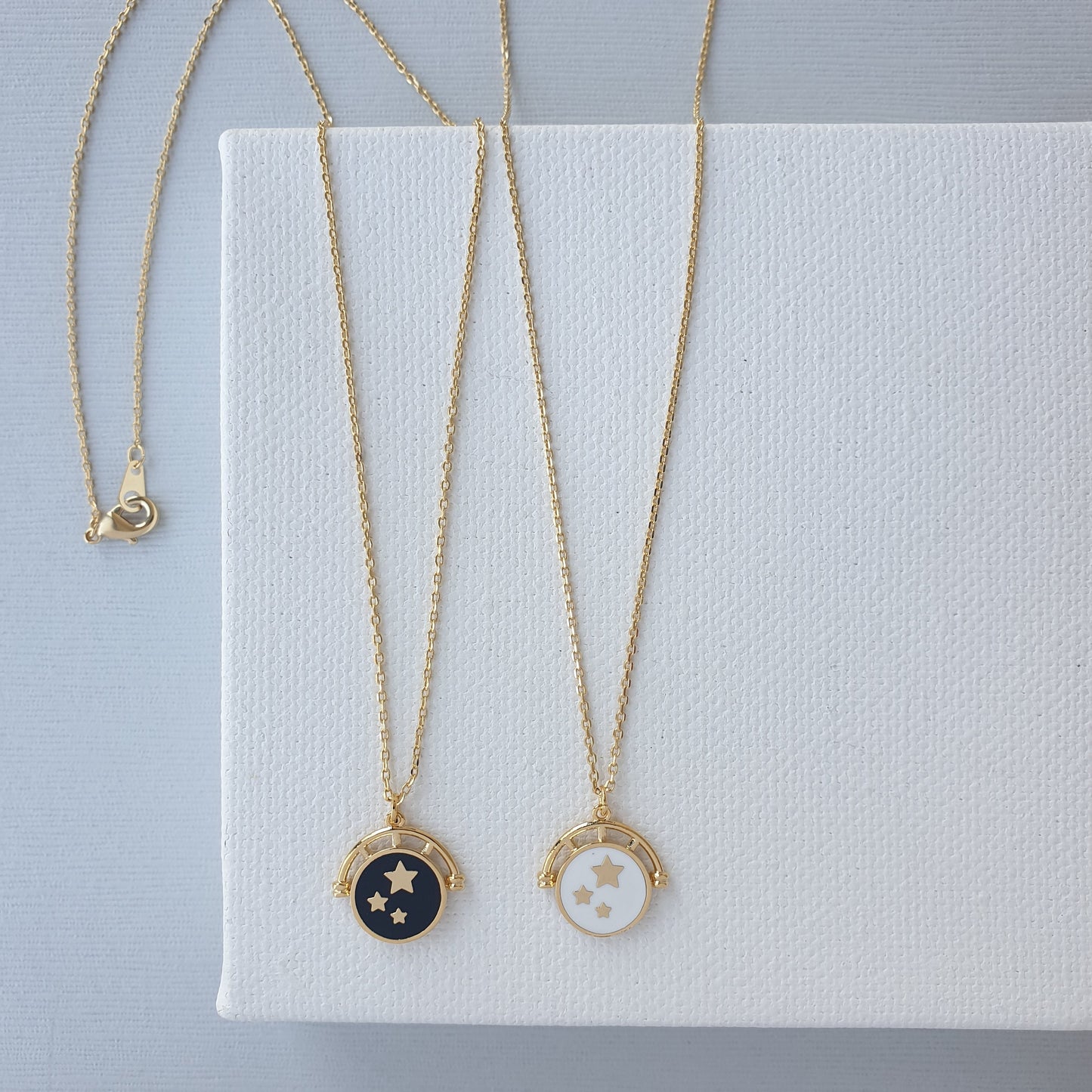 Enamel Black White Circle Disc Stars Necklace