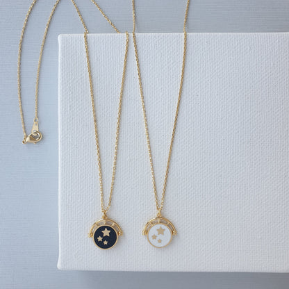 Enamel Black White Circle Disc Stars Necklace