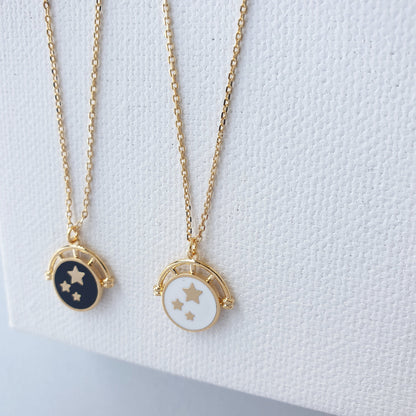 Enamel Black White Circle Disc Stars Necklace