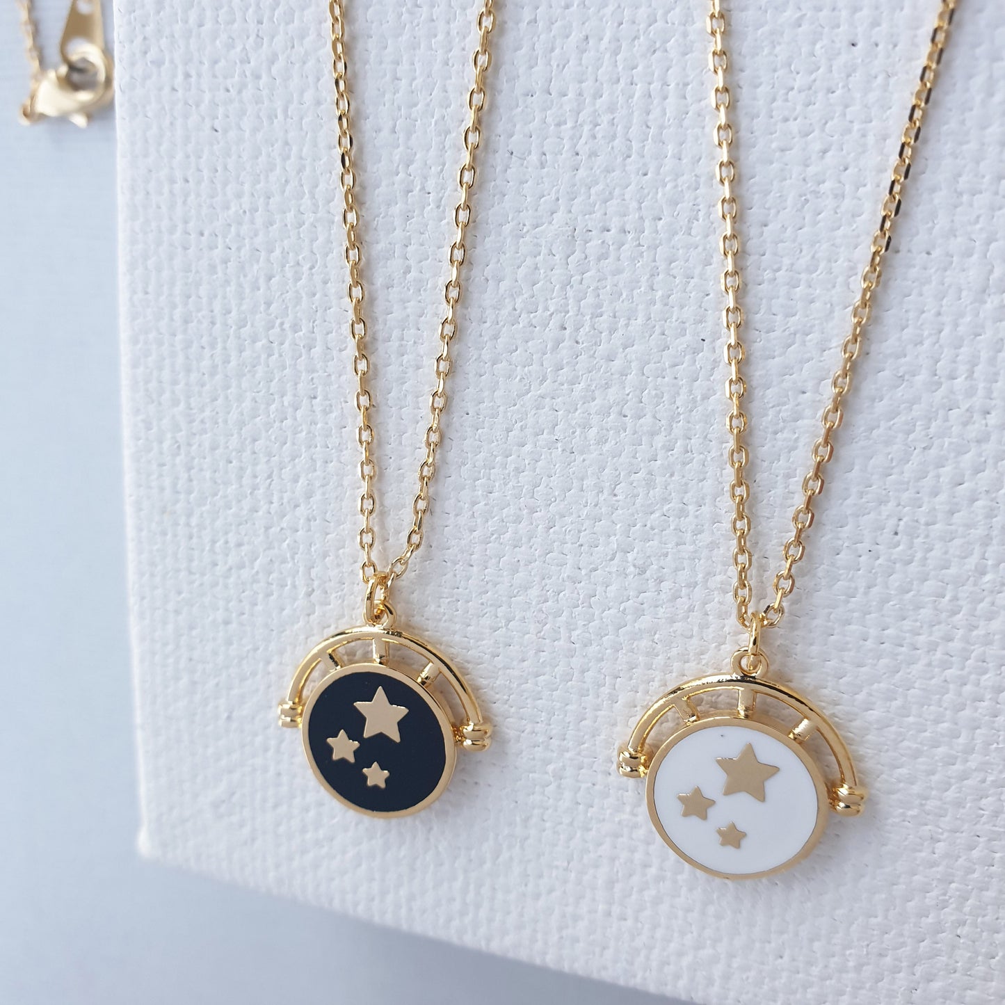 Enamel Black White Circle Disc Stars Necklace