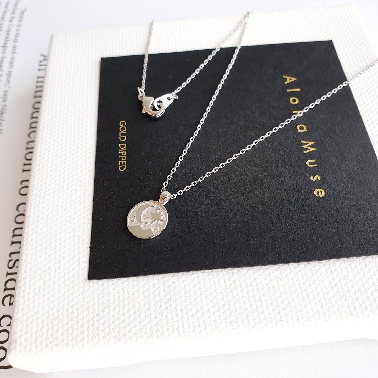 Tiny Crescent Moon Star Charm Necklace
