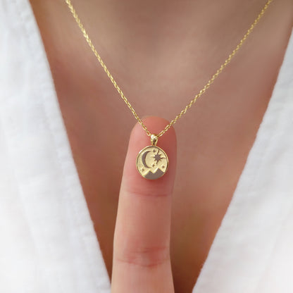 Tiny Crescent Moon Star Charm Necklace