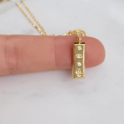 Gold Bar Rectangle Tag Hamsa Hand Eye Necklace