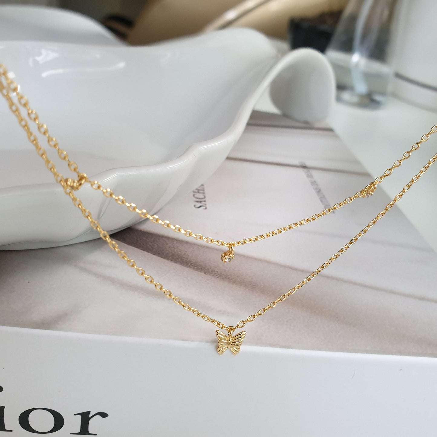 Layered Necklace Set Butterfly CZ Tiny Charm