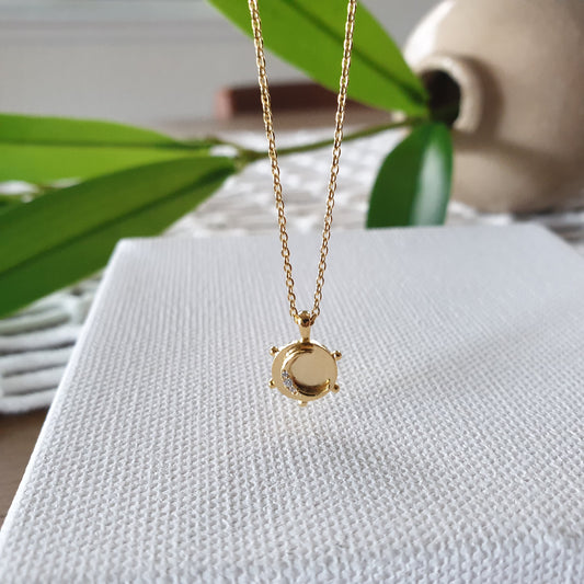 Tiny Coin Disk Crescent Moon CZ Necklace