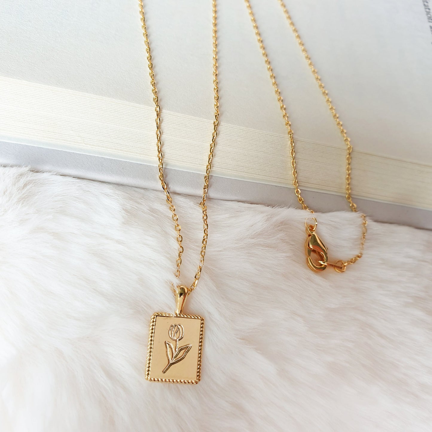 Flower Engraved Square Charm Necklace