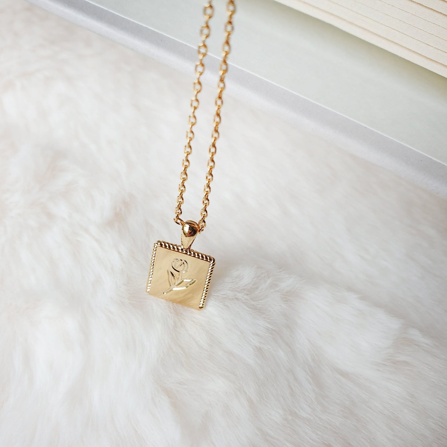 Flower Engraved Square Charm Necklace