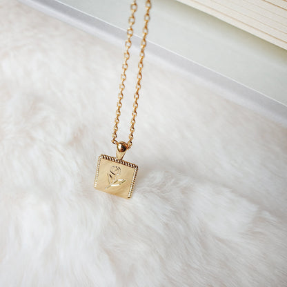 Flower Engraved Square Charm Necklace