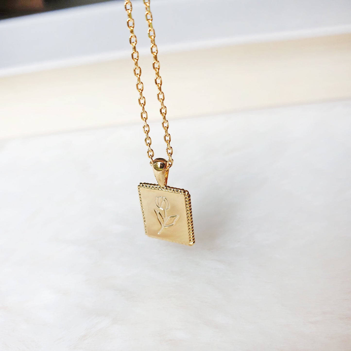 Flower Engraved Square Charm Necklace
