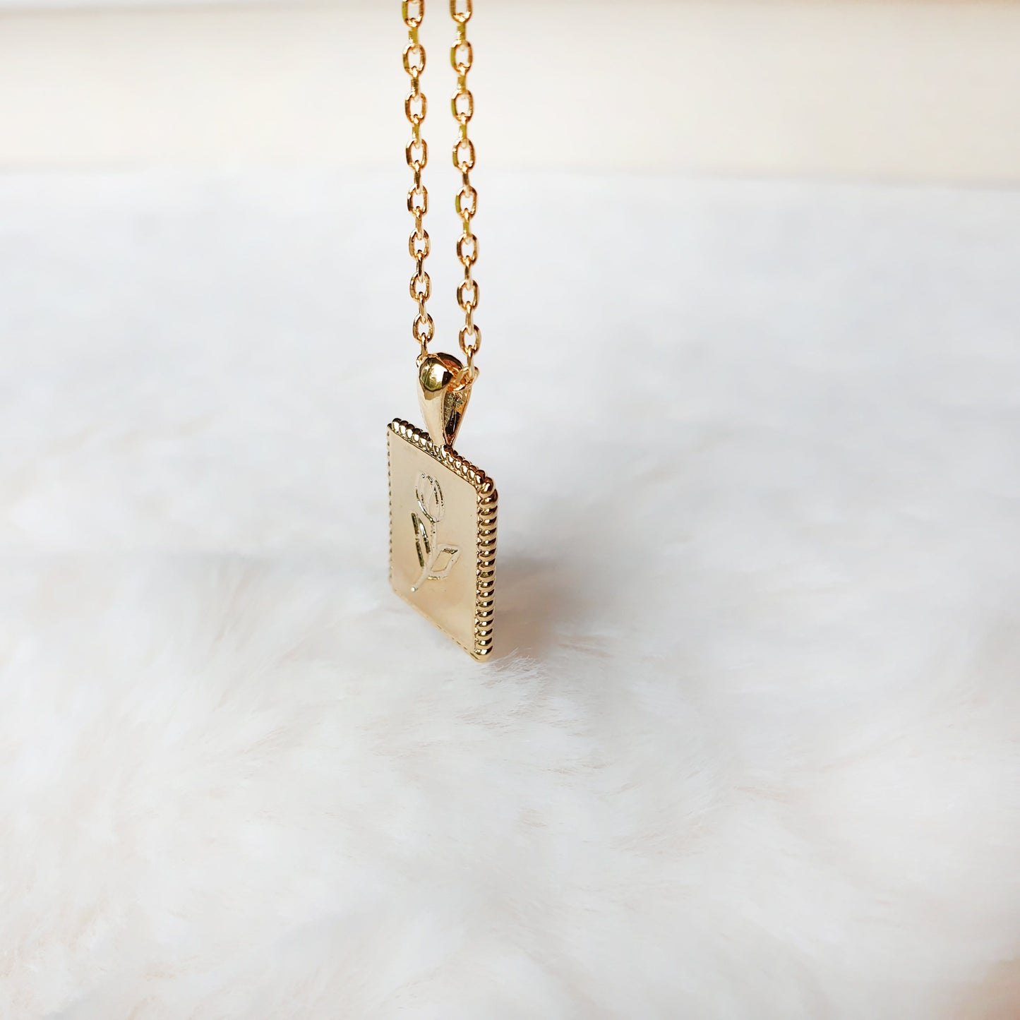 Flower Engraved Square Charm Necklace