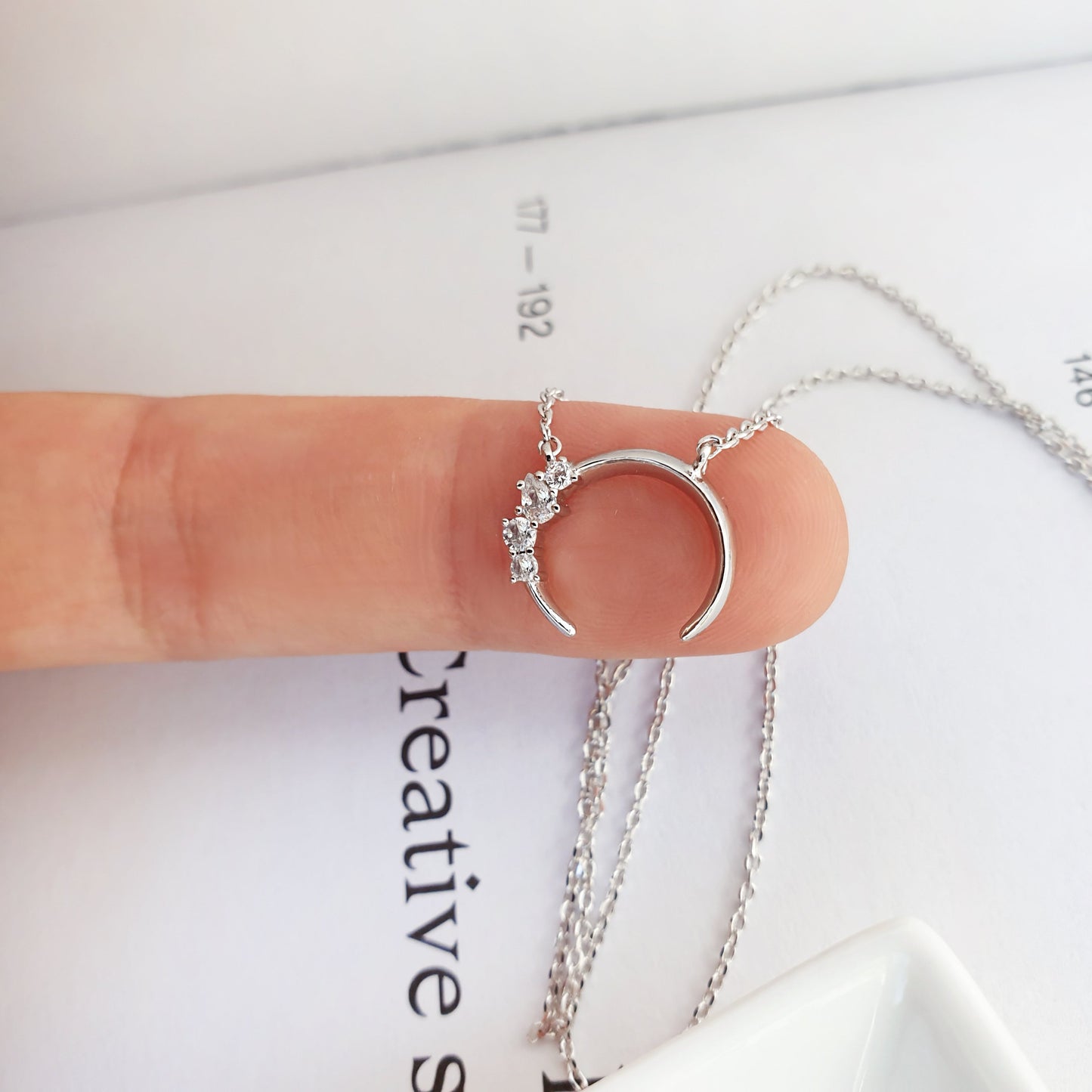 Crescent Moon Horn Cubic Zirconia Charm Necklace