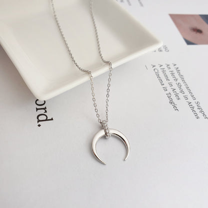 Crescent Moon Horn CZ Bar Necklace