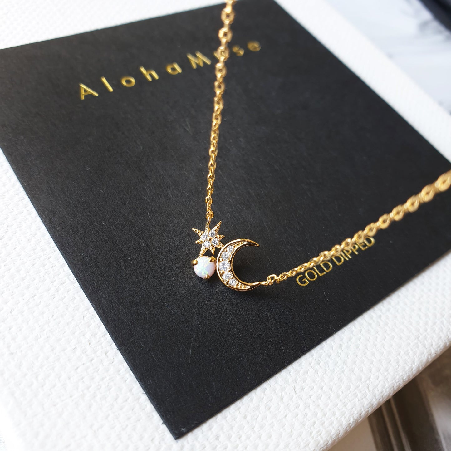Moon Star Pearl Opal Stone Stud Necklace