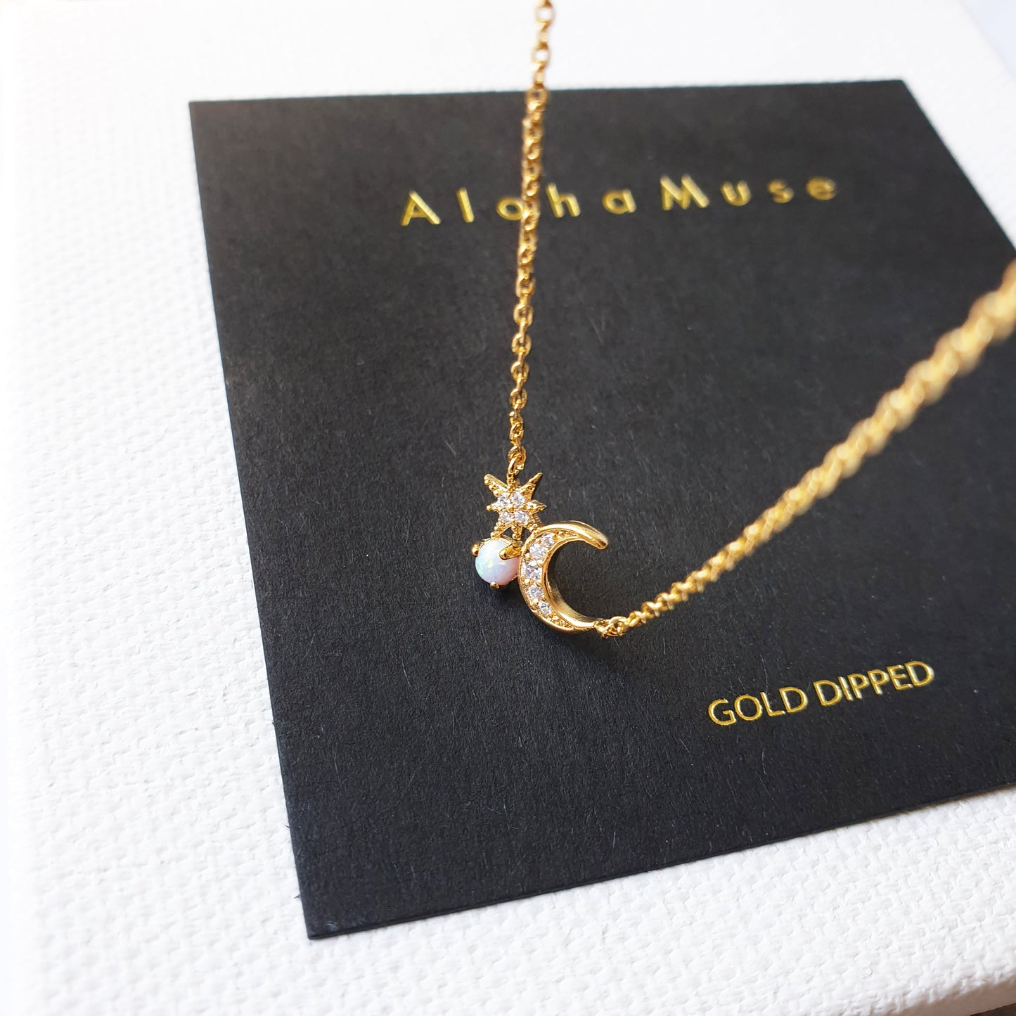 Moon Star Pearl Opal Stone Stud Necklace