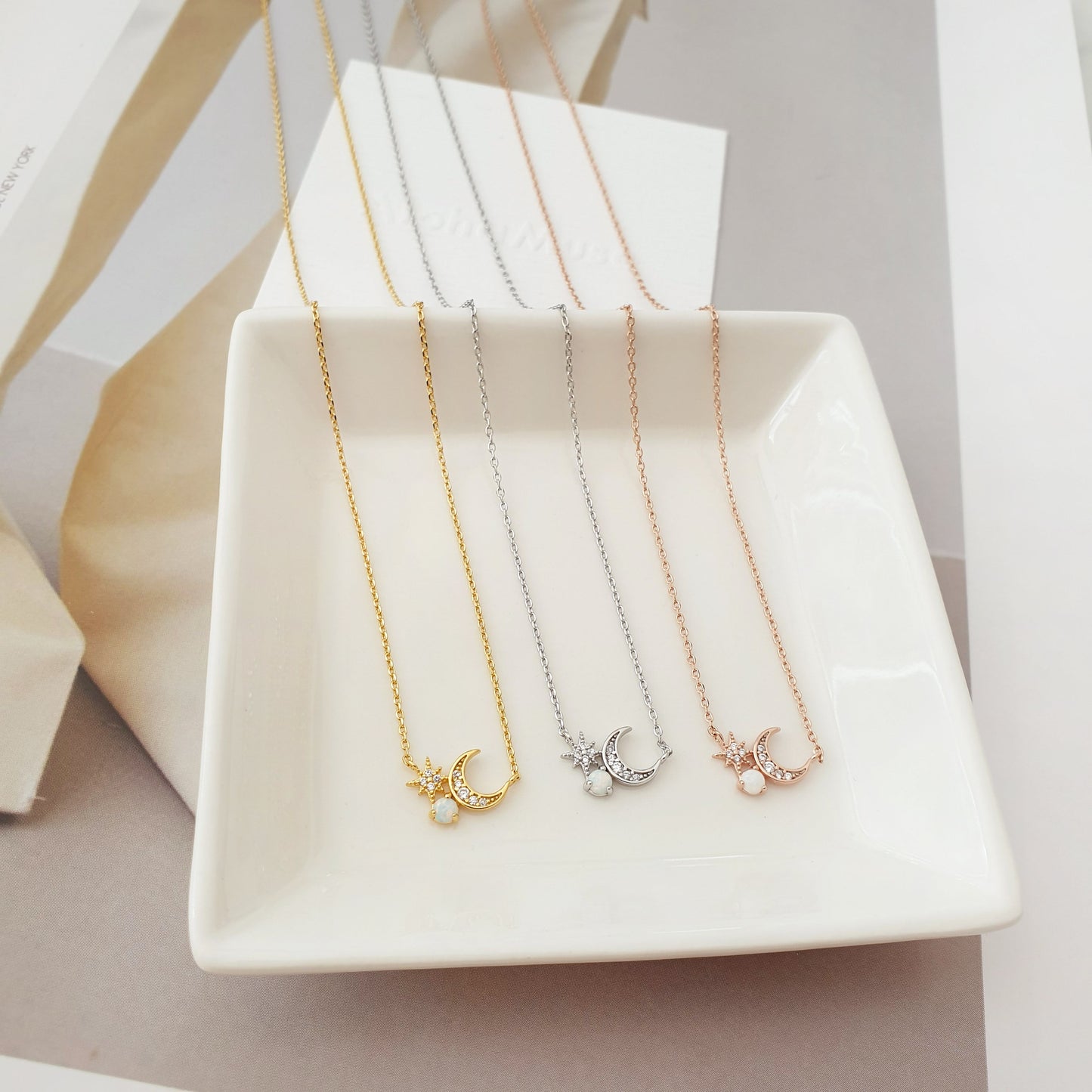 Moon Star Pearl Opal Stone Stud Necklace