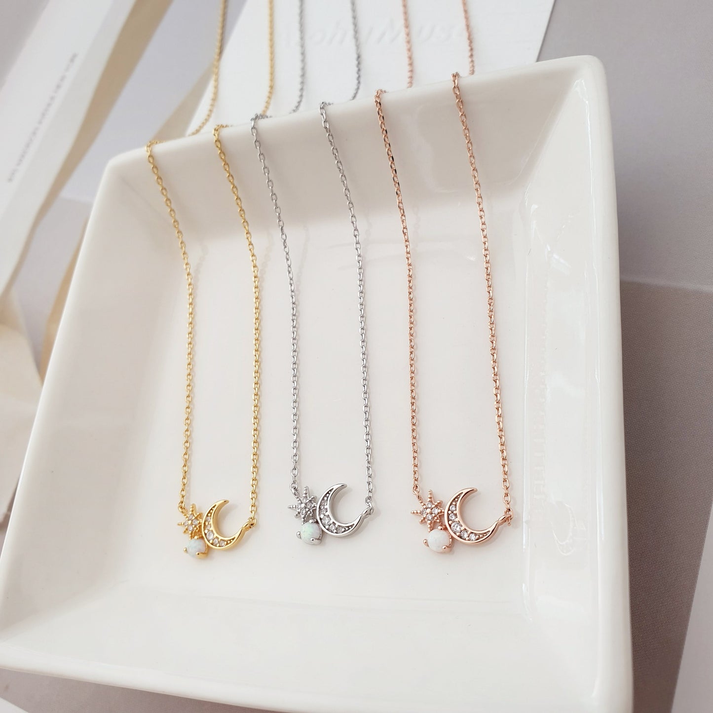 Moon Star Pearl Opal Stone Stud Necklace