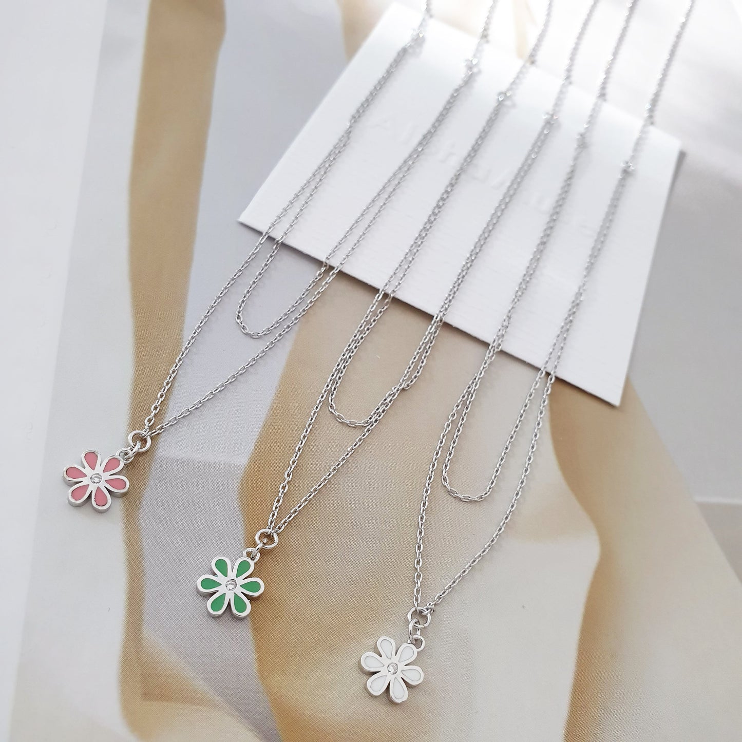 Mini Color Flower Charm 2 Chains Layered Set Necklace