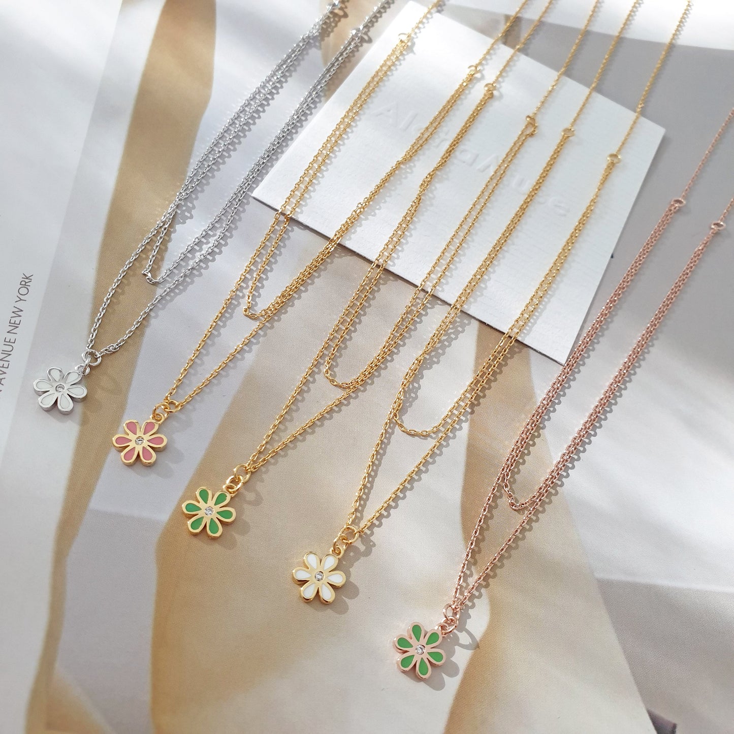 Mini Color Flower Charm 2 Chains Layered Set Necklace