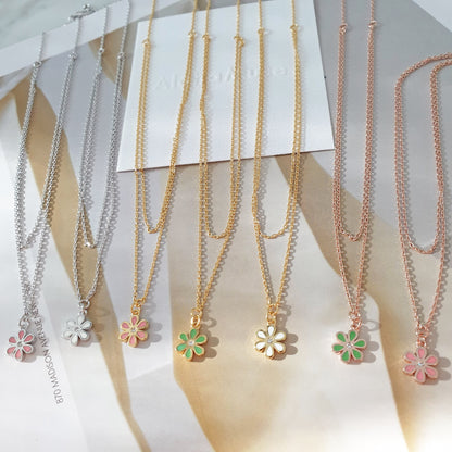Mini Color Flower Charm 2 Chains Layered Set Necklace