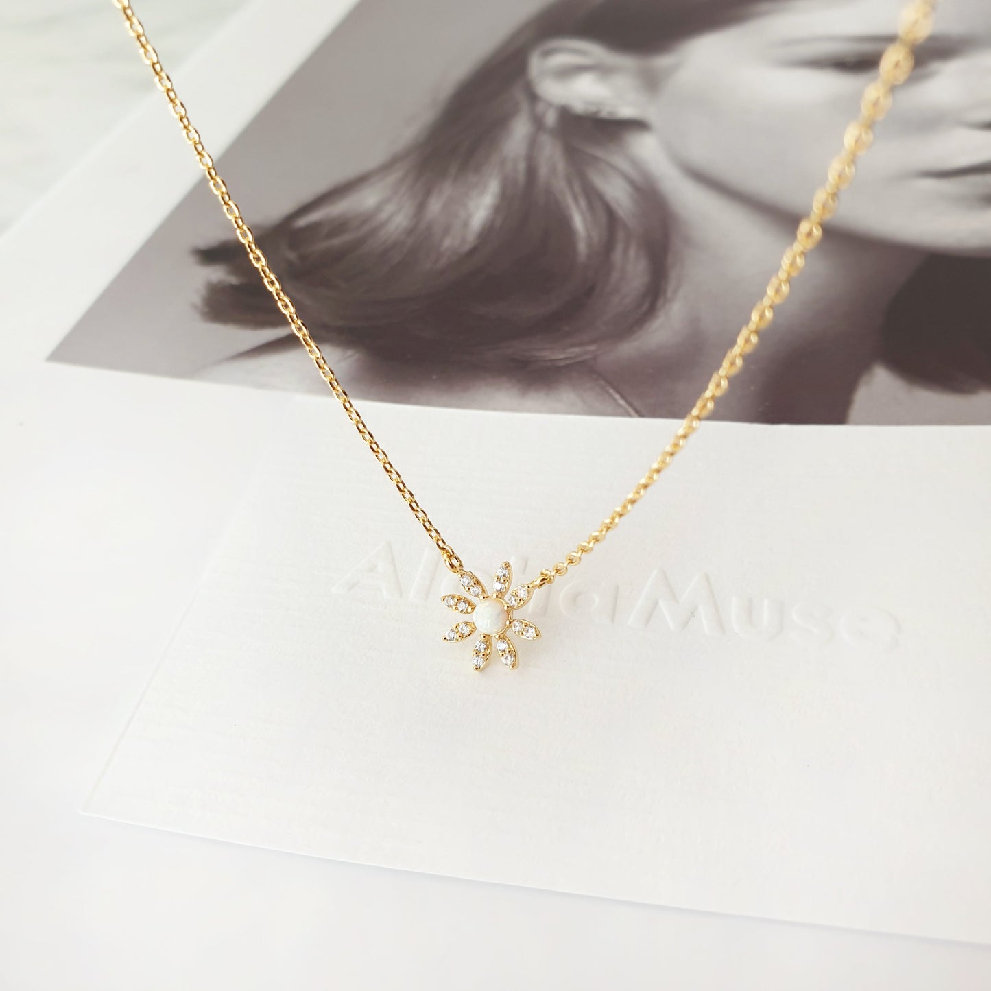 Flower CZ Charm Opal Stud Necklace
