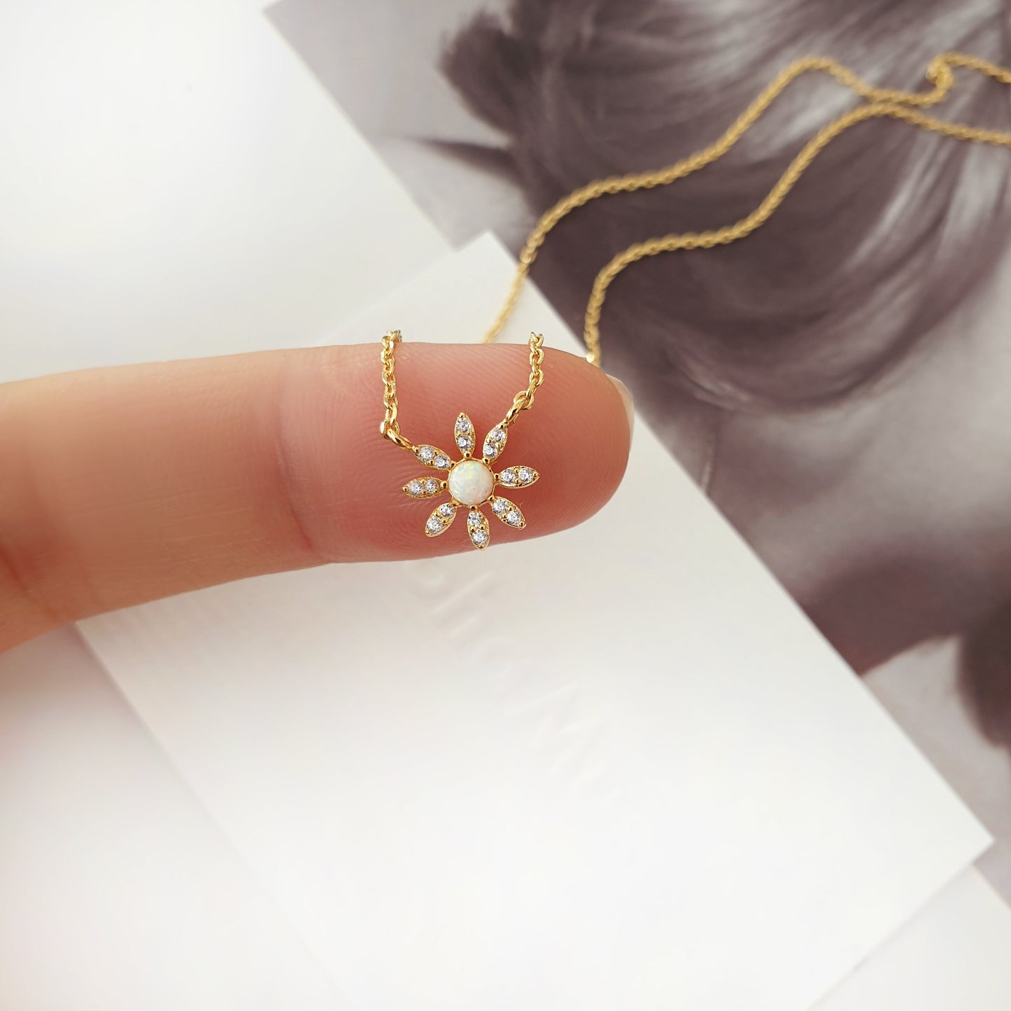 Flower CZ Charm Opal Stud Necklace