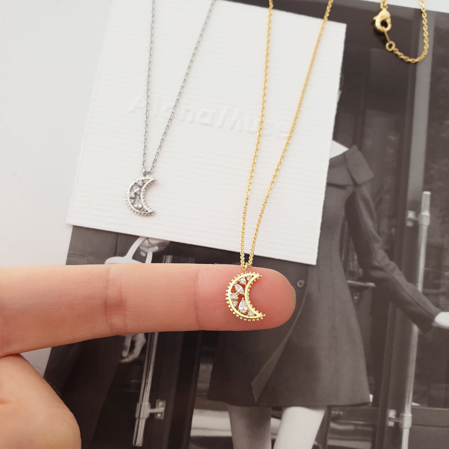 Crescent Moon Necklace Cubic Zirconia CZ Stone