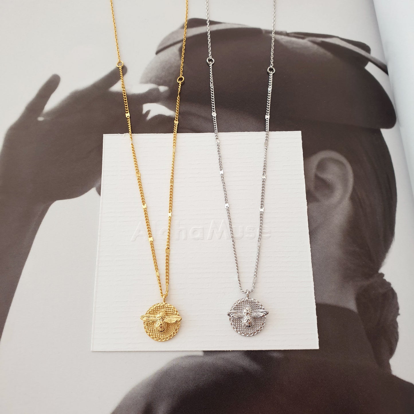 Bee Disc Pendant Necklace with Flat Curved Chain