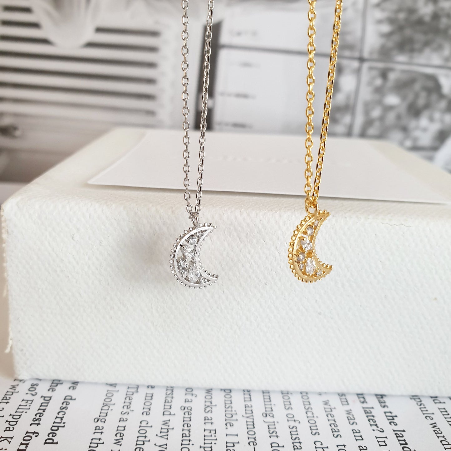 Crescent Moon Necklace Cubic Zirconia CZ Stone