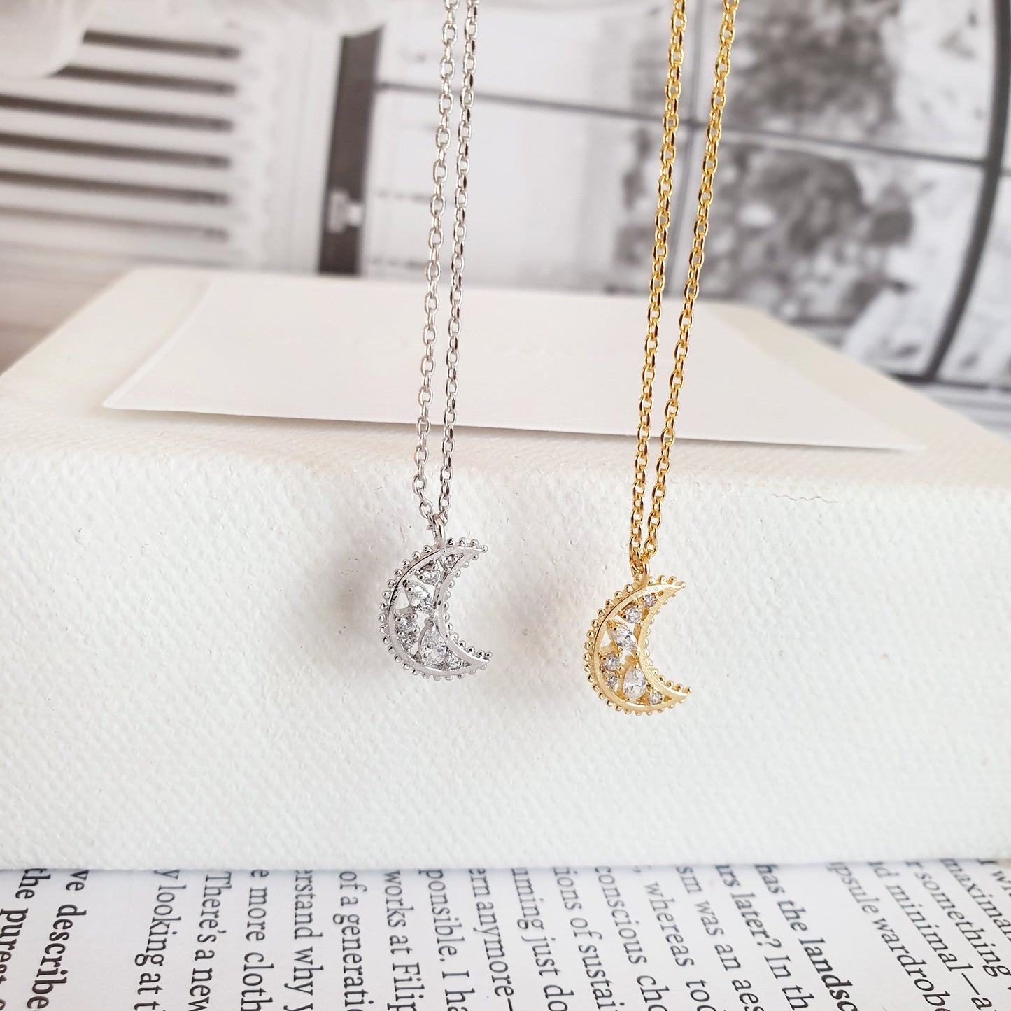 Crescent Moon Necklace Cubic Zirconia CZ Stone