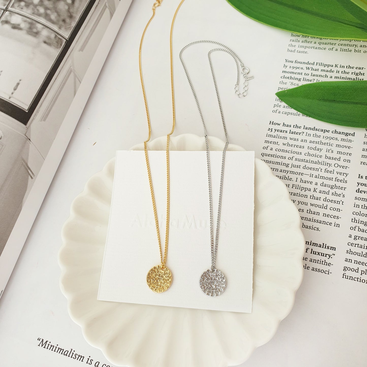 Medallion Coin Disc Charm Vine Chain Necklace