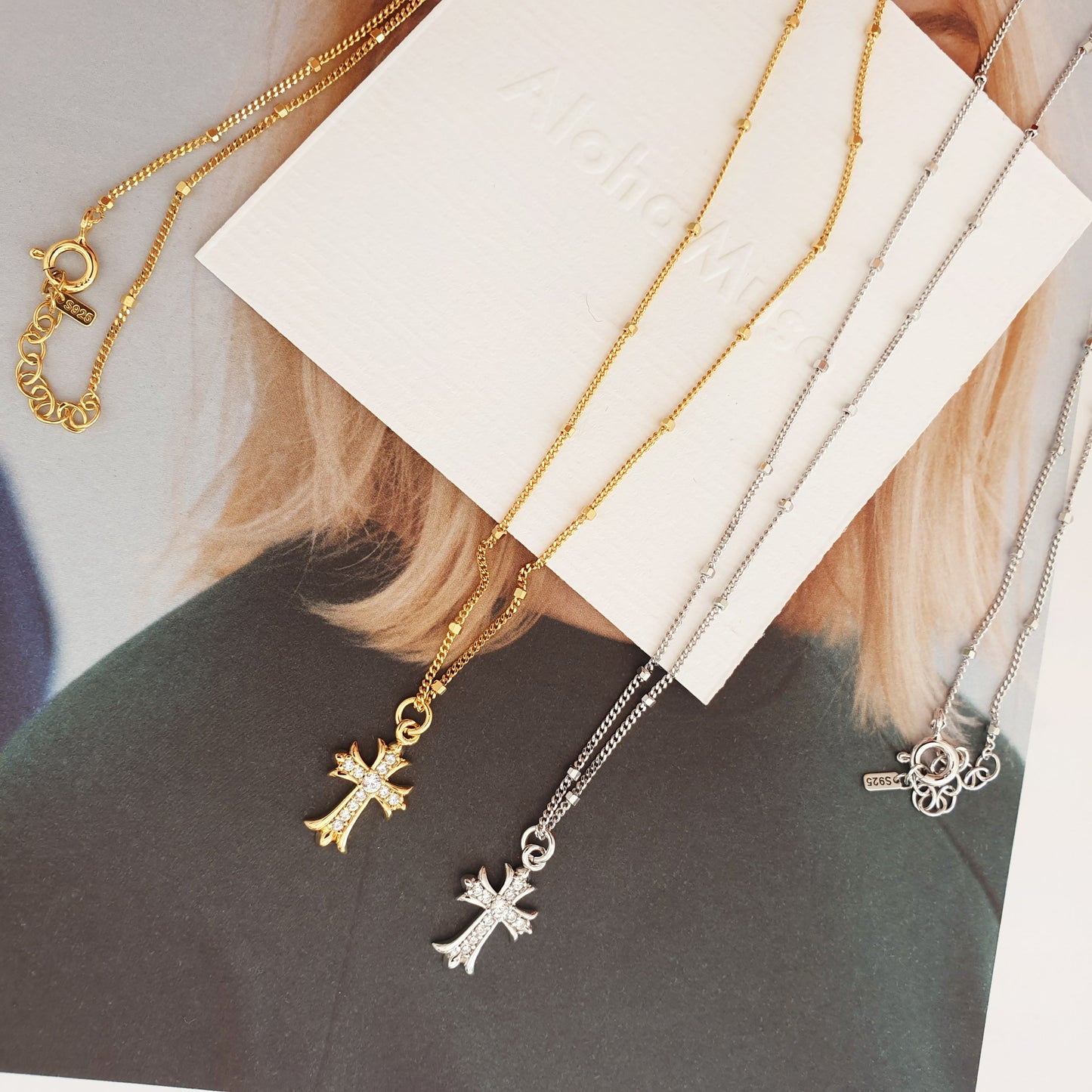 Cross Pendant Long Station Dot Chain Necklace